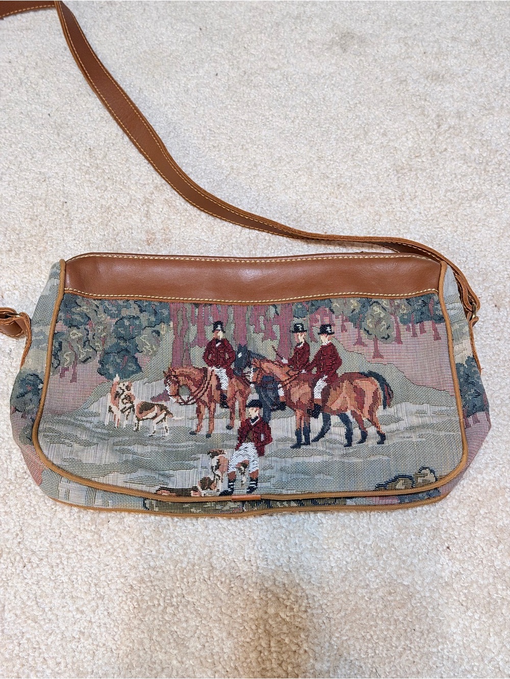 Vintage Orvis Equestrian Tapestry Crossbody Bag Horse Hunt Leather Trim